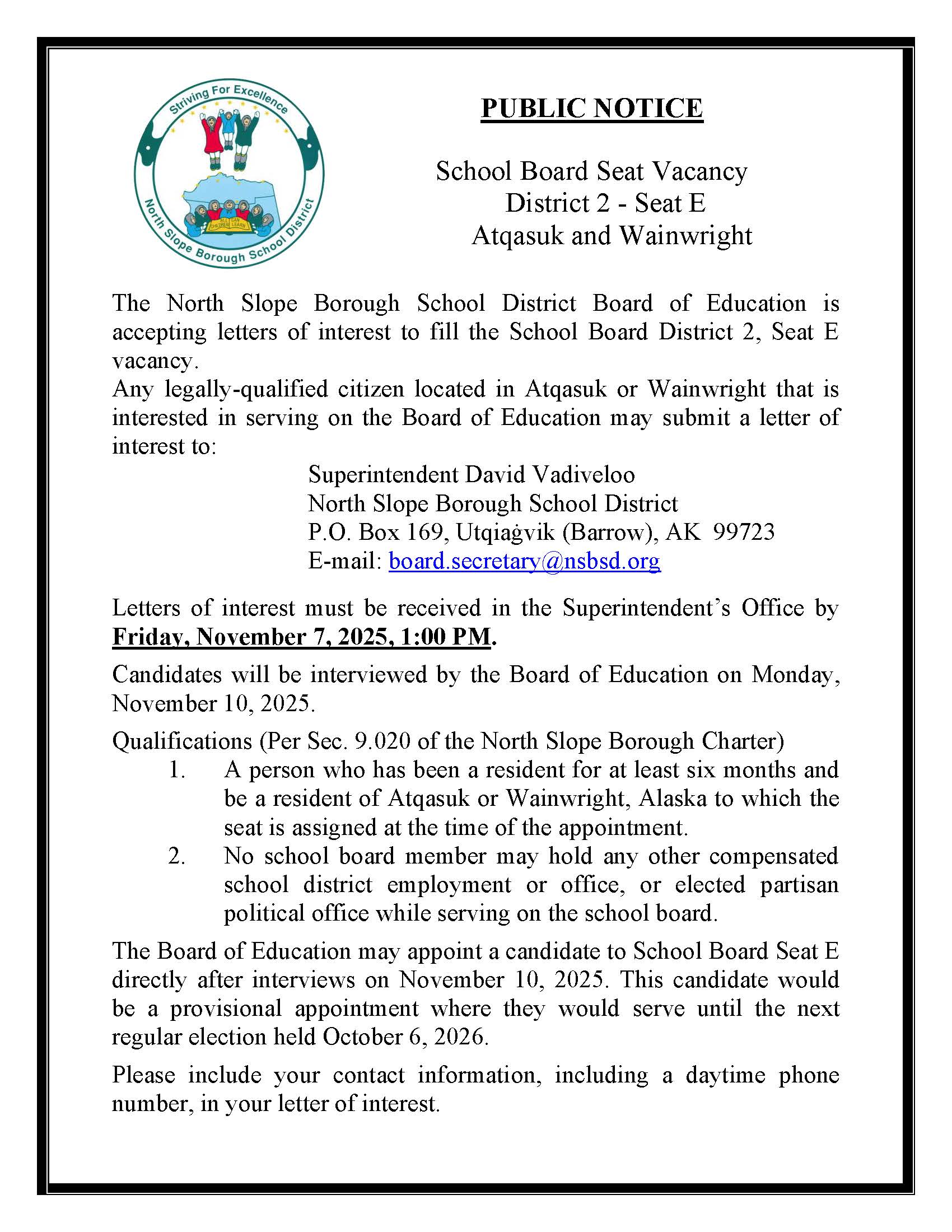 Public Notice of School Board Seat E Vacancy for letters of Interest